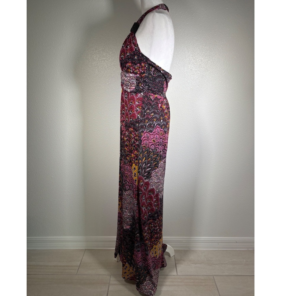 Y2K 2000s Pink Purple Paisley Halter Maxi Dress Beaded Backless Boho Medium - Picture 4 of 8